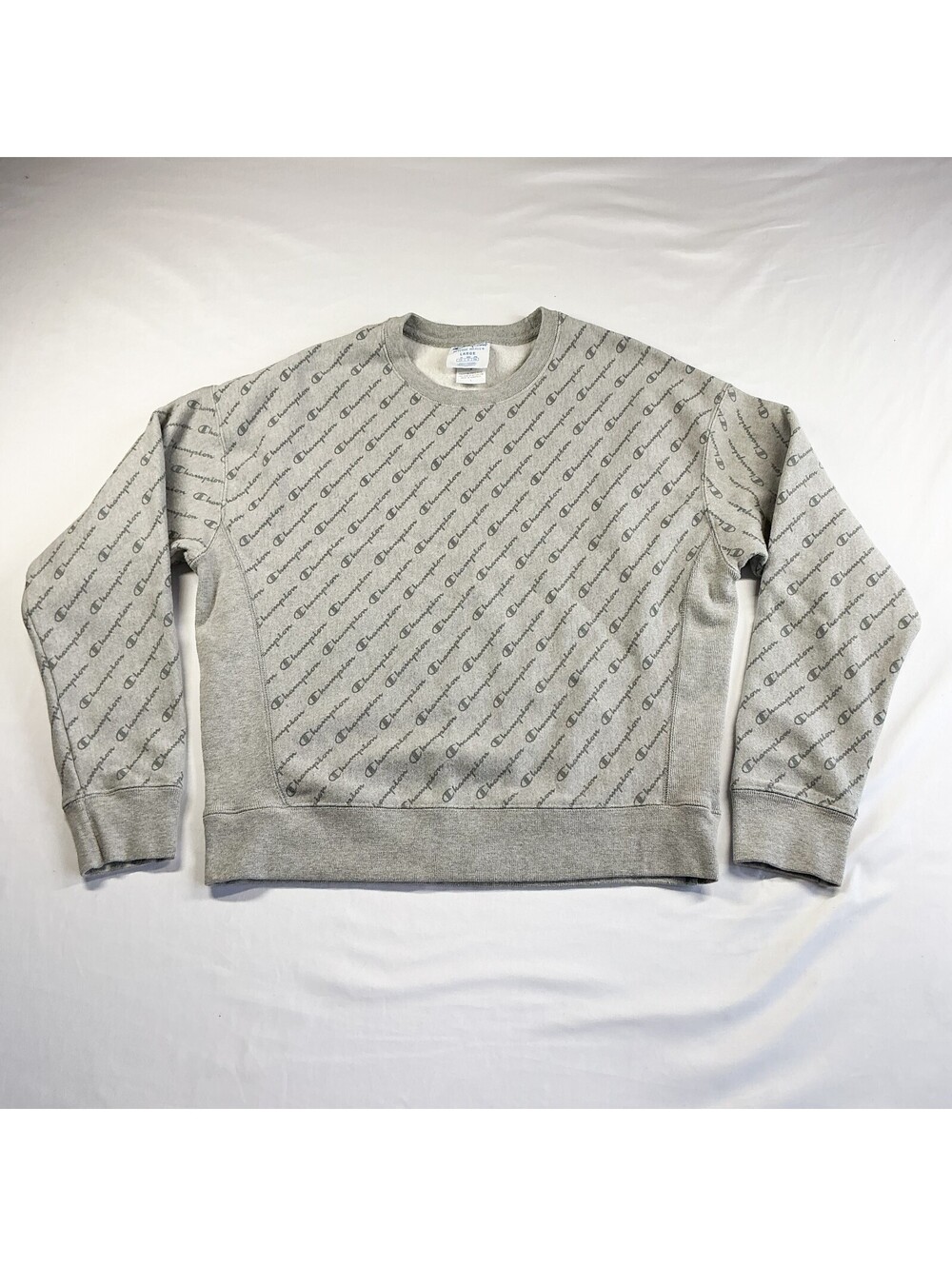 Champion Reverse Weave Classic All Over Logo Crewneck Sweatshirt Gray Large